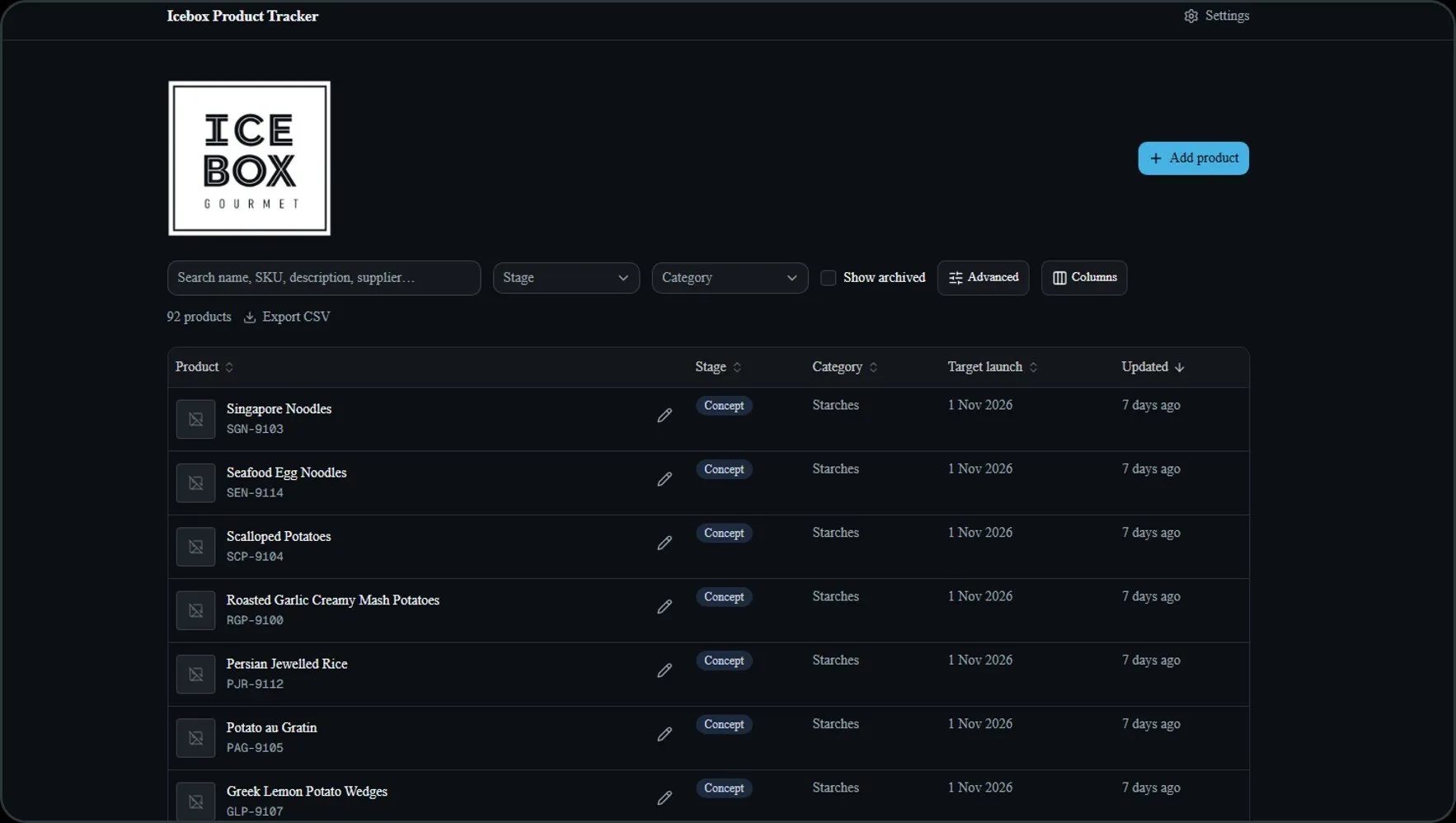 ICEBOX product tracker with search, filters and product list