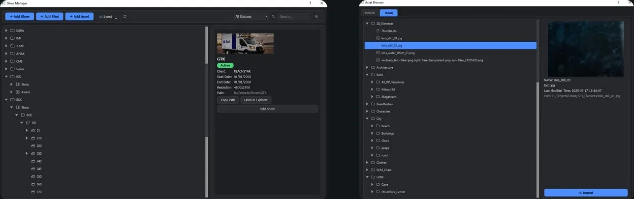BLP media pipeline desktop app with asset browser